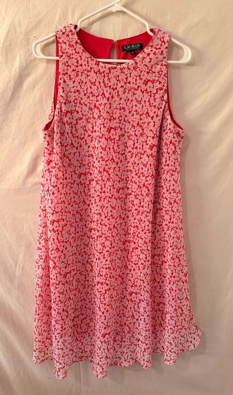 Lauren Ralph Lauren Floral Mini Dress Size 14 Red Pink Sleeveless Shift